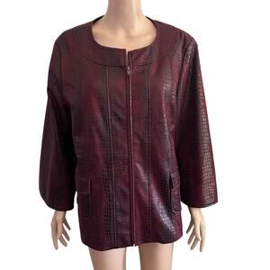 Susan Graver Jacket Women’s Large Burgundy Faux Leather Croc Embossed Zip Front